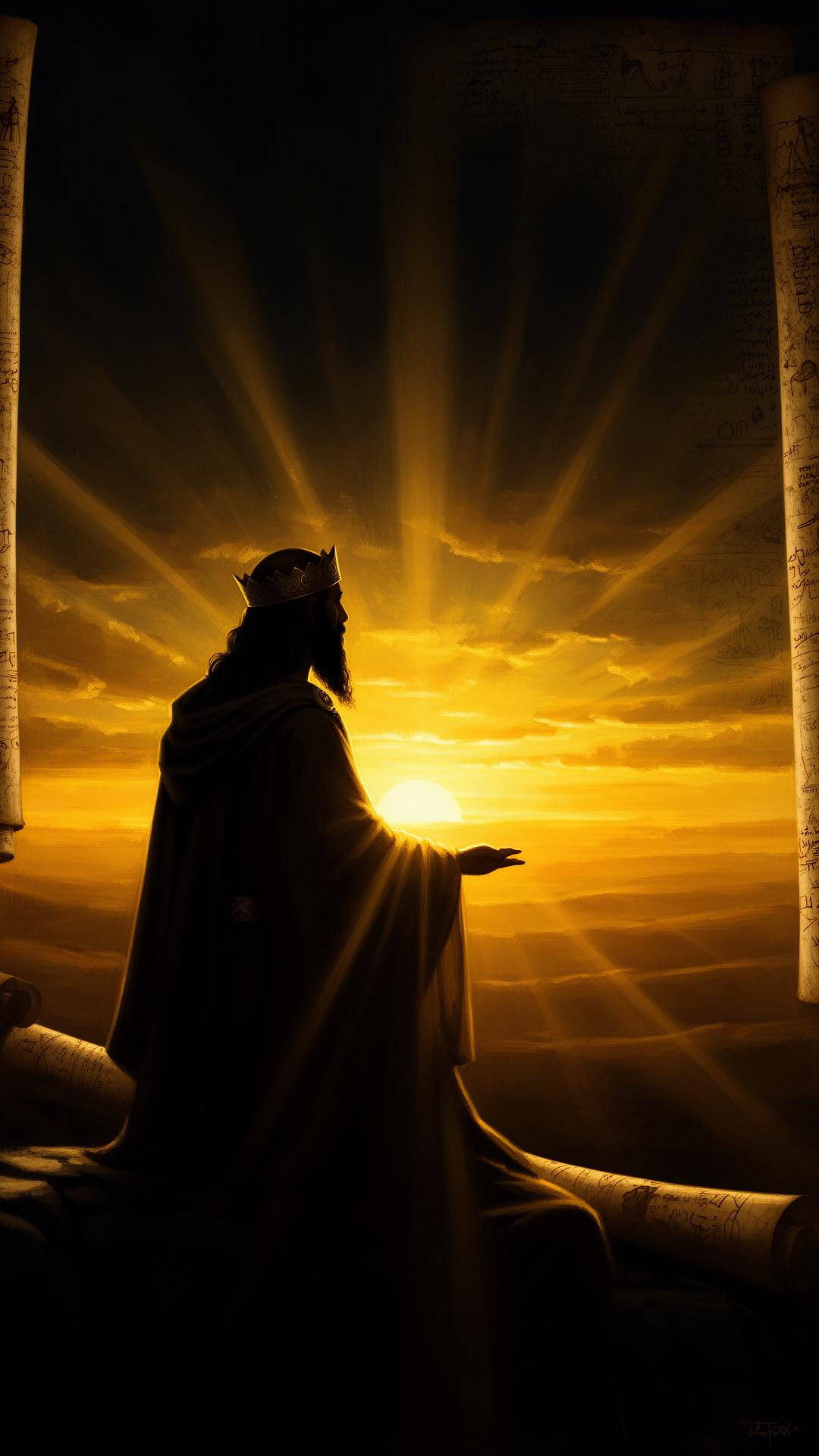 Rey Salomón contemplando un horizonte iluminado al amanecer